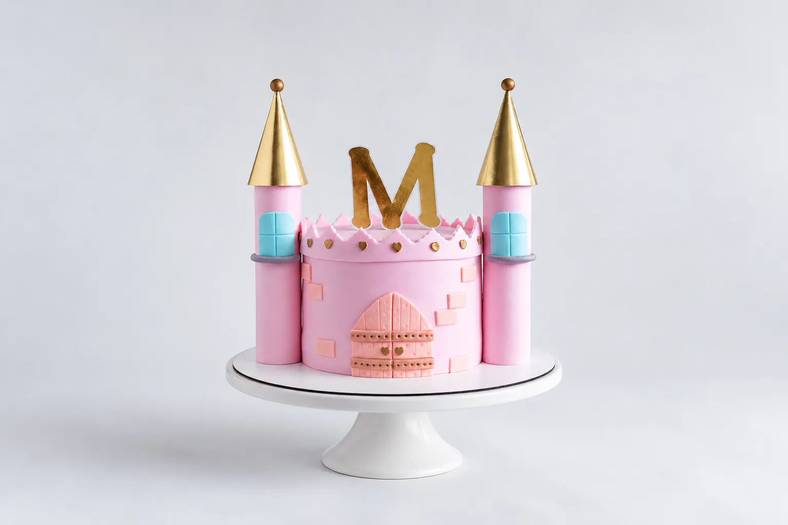 Torta rosa con torres, techos dorados e inicial en la parte superior