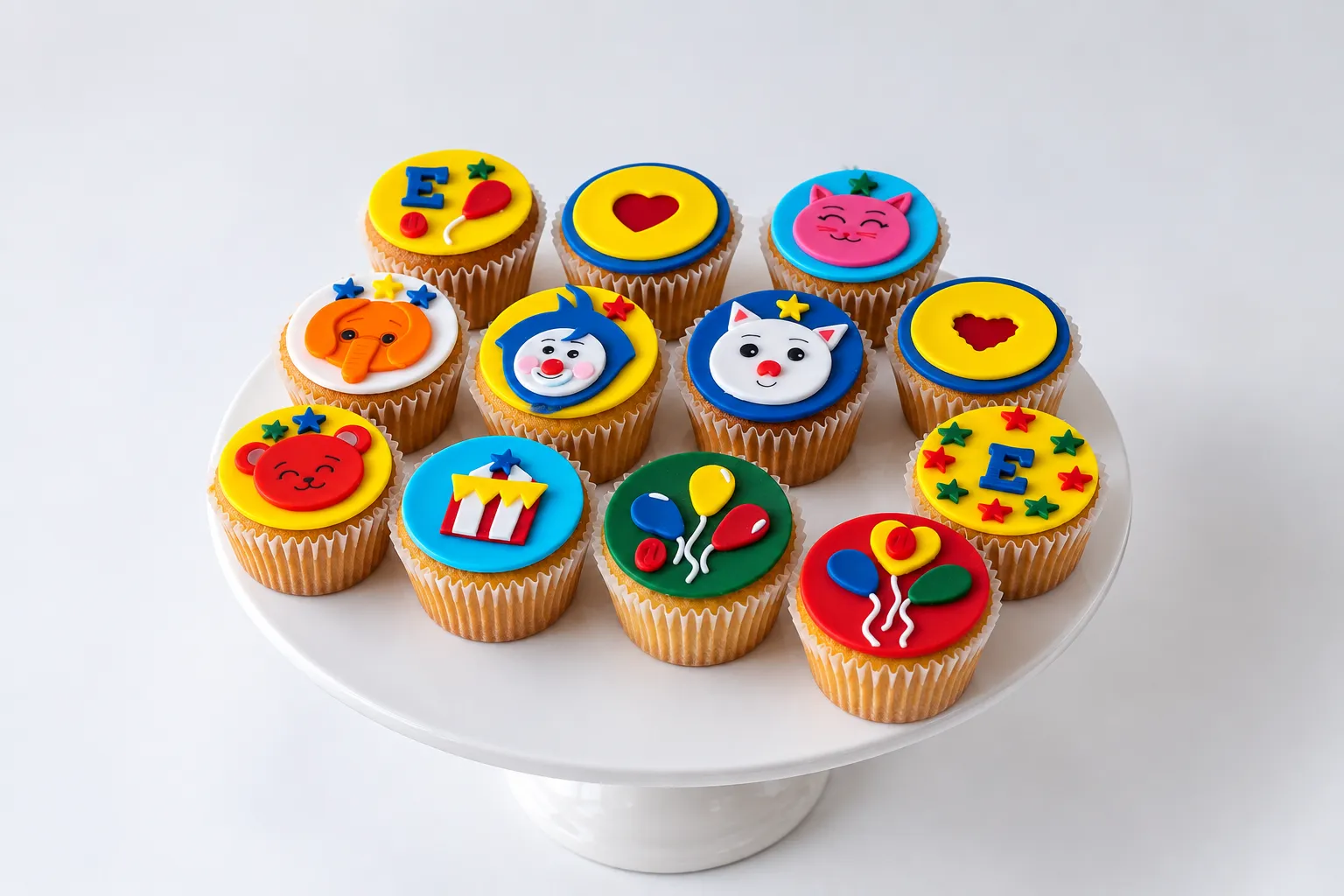Cupcakes con discos amarillos, figuras de colores y motivos de superhéroes