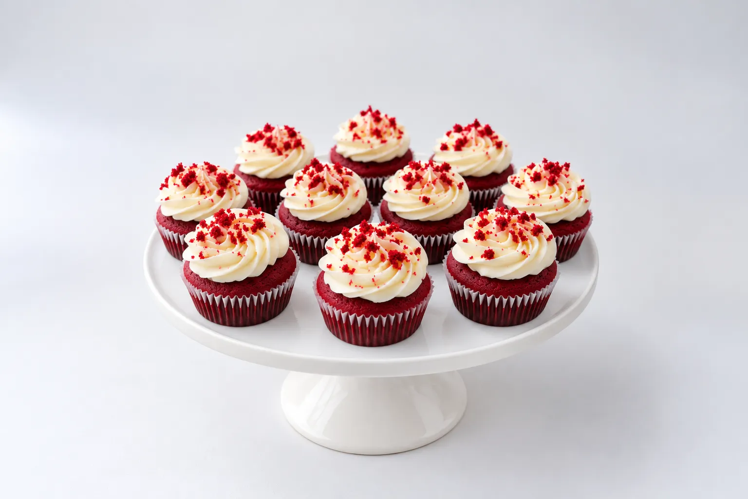 Cupcakes con copos blancos y pequeñas decoraciones rojas