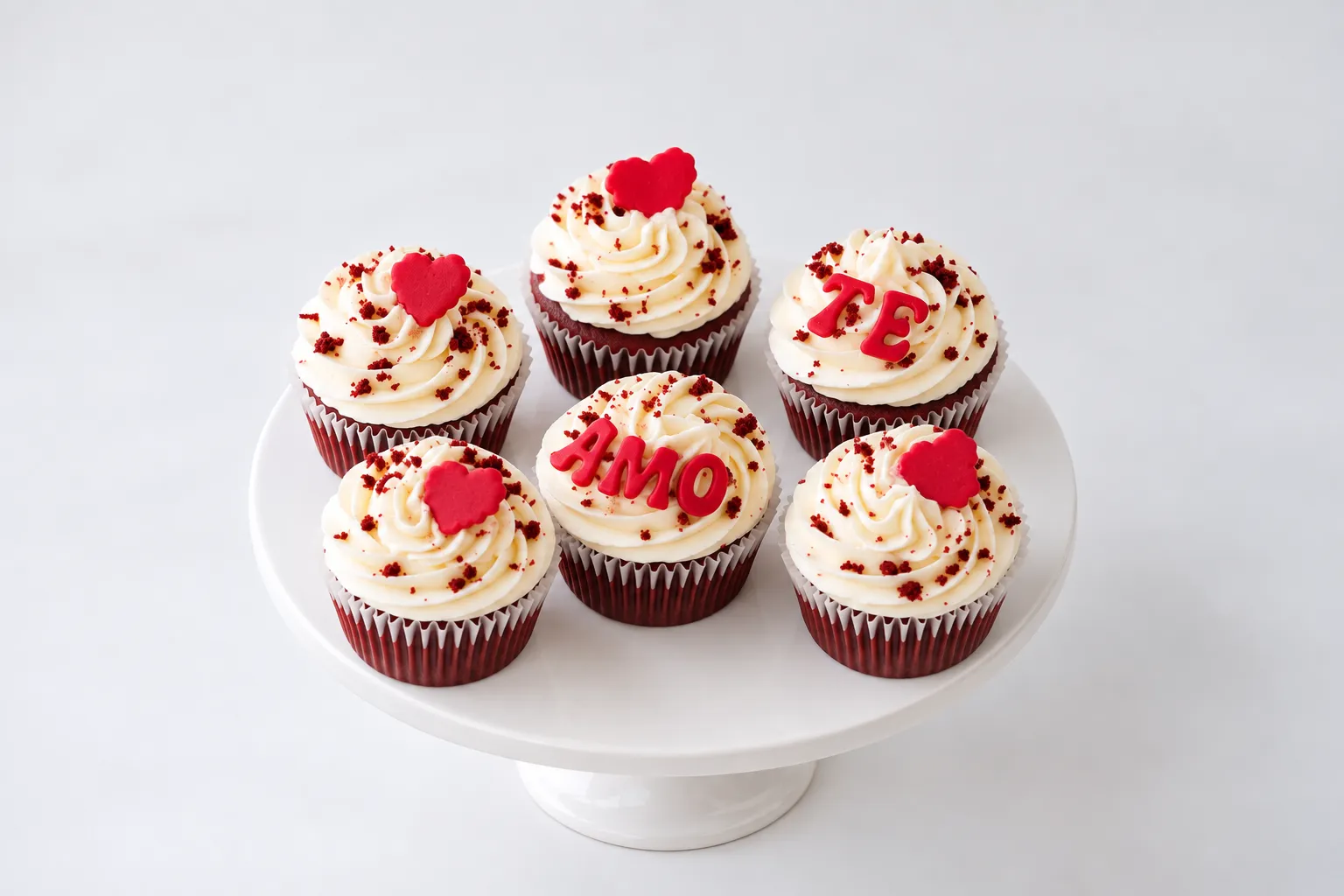 Cupcakes con mensajes rojos, corazones y copos blancos