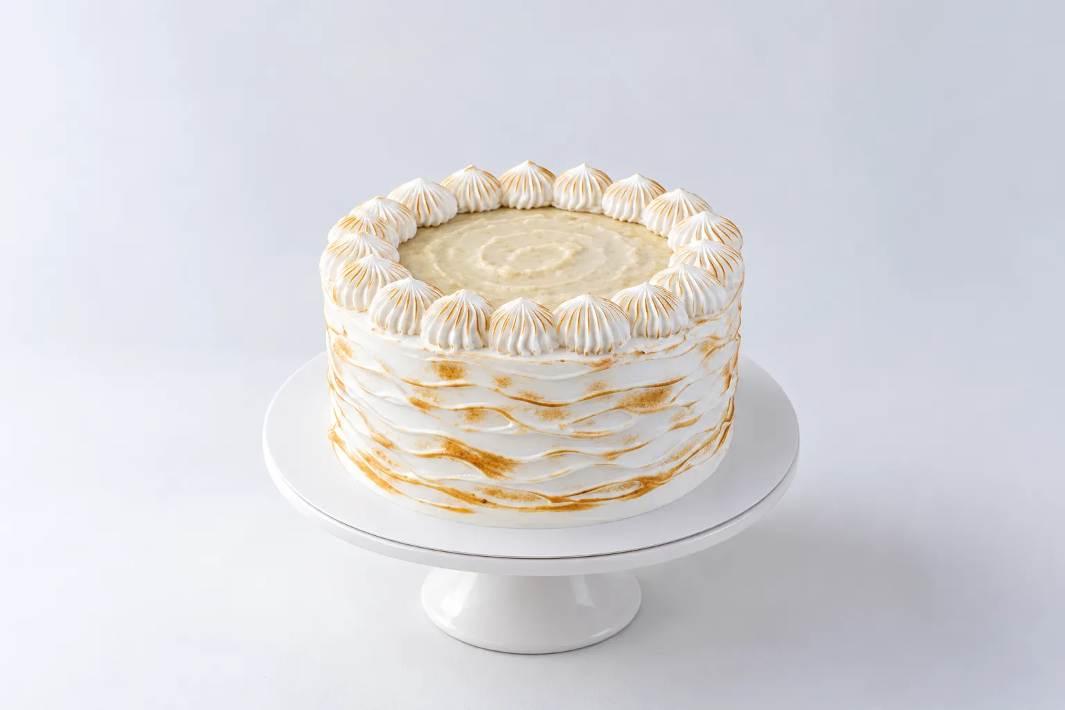 Torta clara con relieves ondulados, copos en el borde y líneas doradas