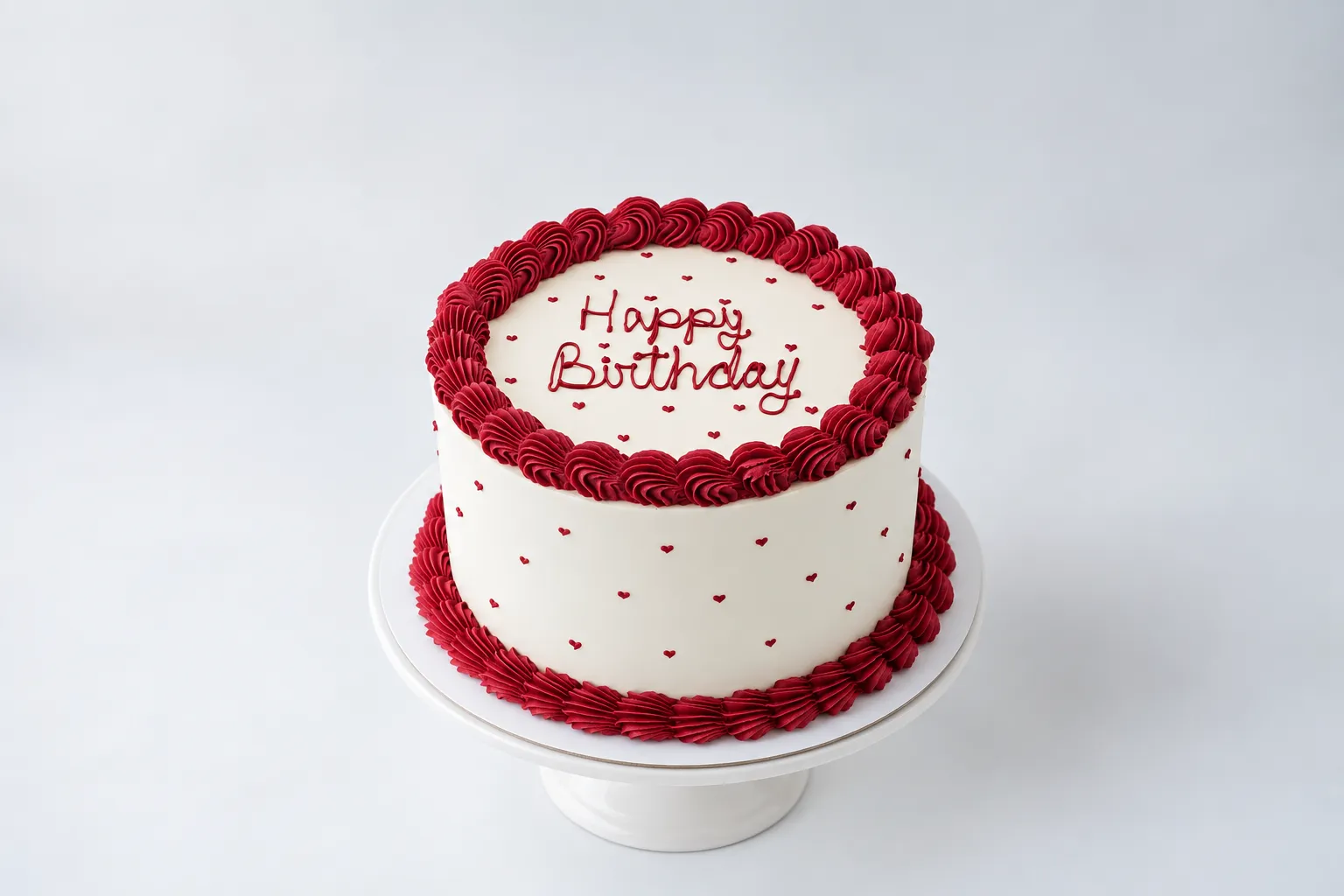 Torta blanca con bordes rojos, pequeños puntos y mensaje superior