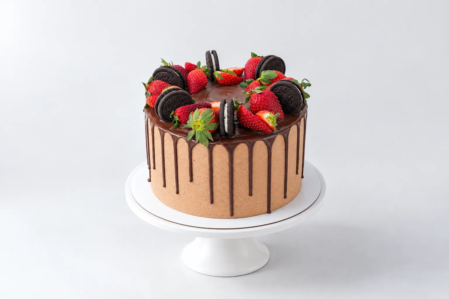 Torta beige con goteos oscuros, frutas rojas y piezas circulares oscuras