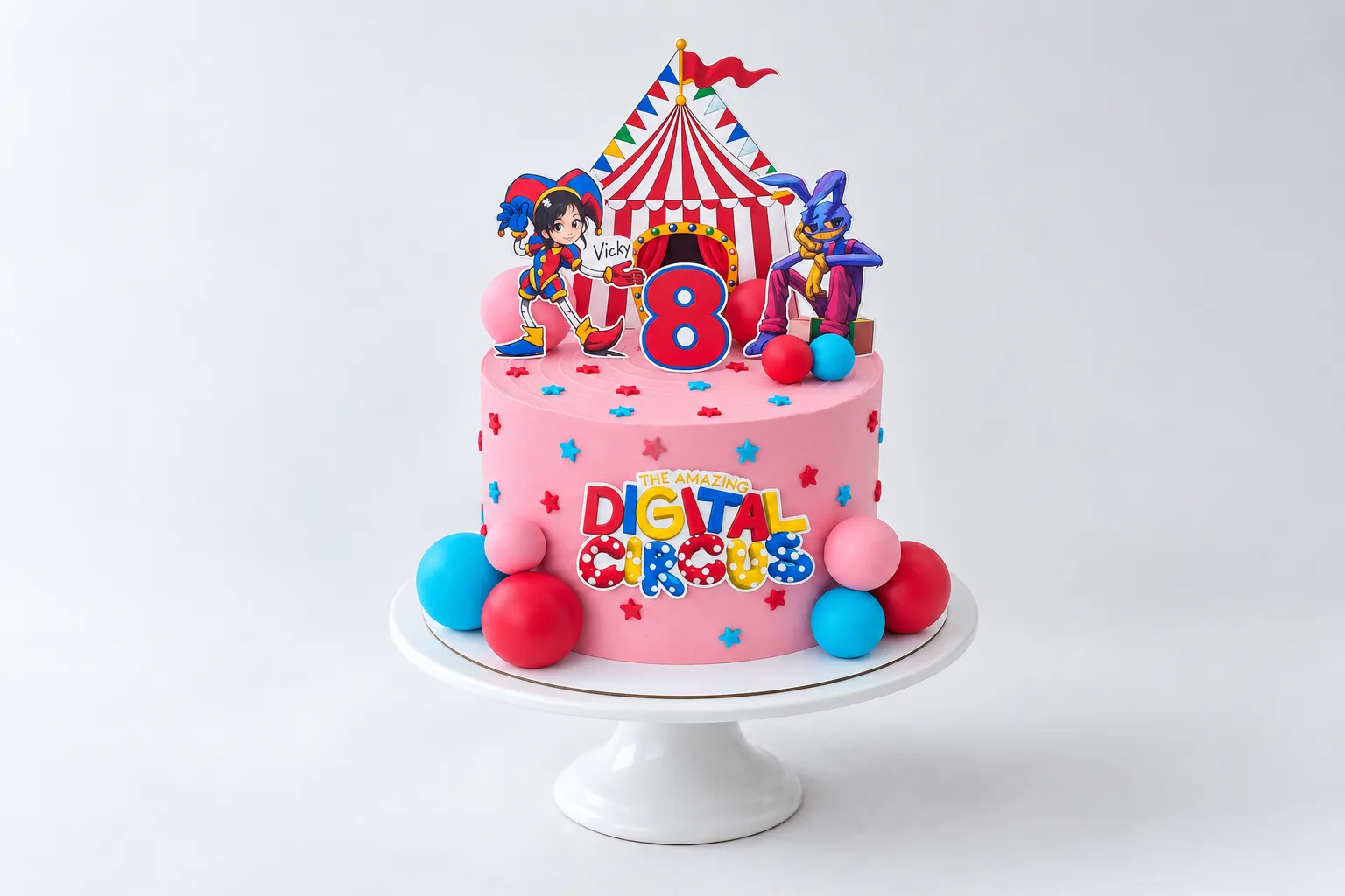Torta rosa de circo con personajes, carpa y esferas azules y rojas